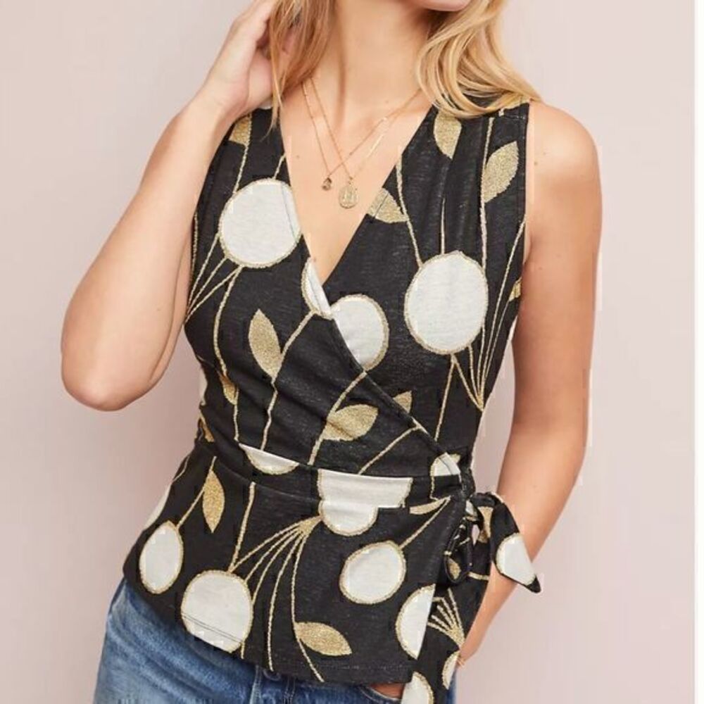 Anthropologie Maeve Craspedia Wrap Top S Black Gold White Shimmer Side Tie